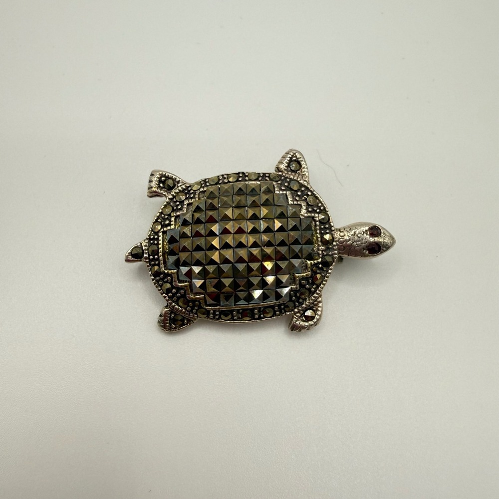 Vintage Sterling Silver 925 Marcasite Turtle Brooch Pin Red Jewel Eyes Animal